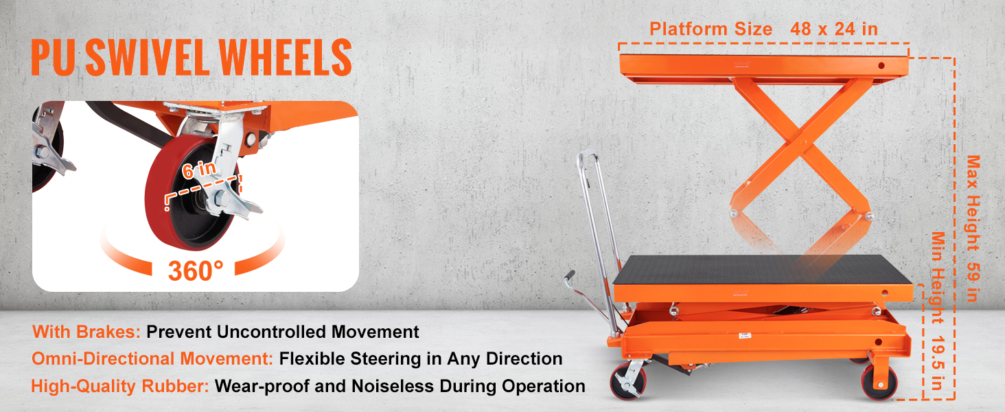 VEVOR hydraulic lift table cart with pu swivel wheels, 48x24 in platform, 19.5-59 in lift range.