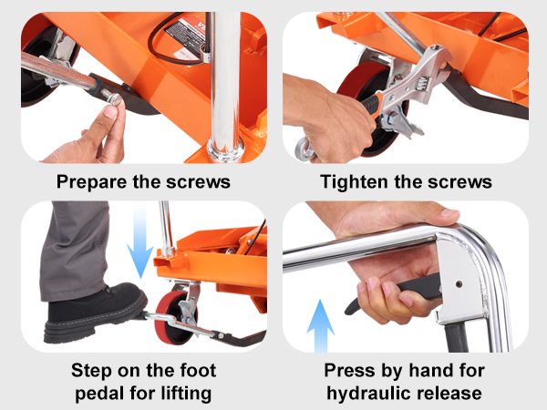 effortless installation and use of VEVOR hydraulic lift table cart steps shown: screwing, foot pedal, release.