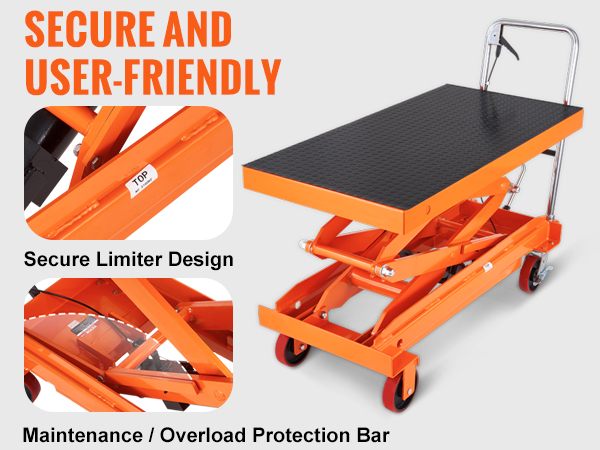 secure and user-friendly VEVOR hydraulic lift table cart with secure limiter design and non-slip pad.