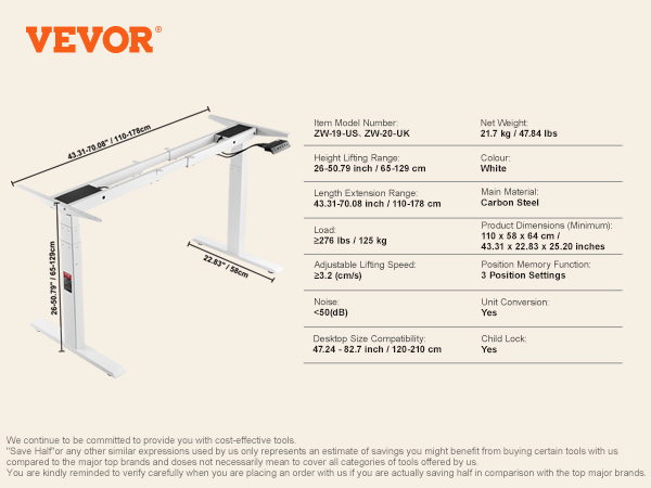 VEVOR standing desk frame with adjustable height, white color, carbon steel, supports up to 125 kg.