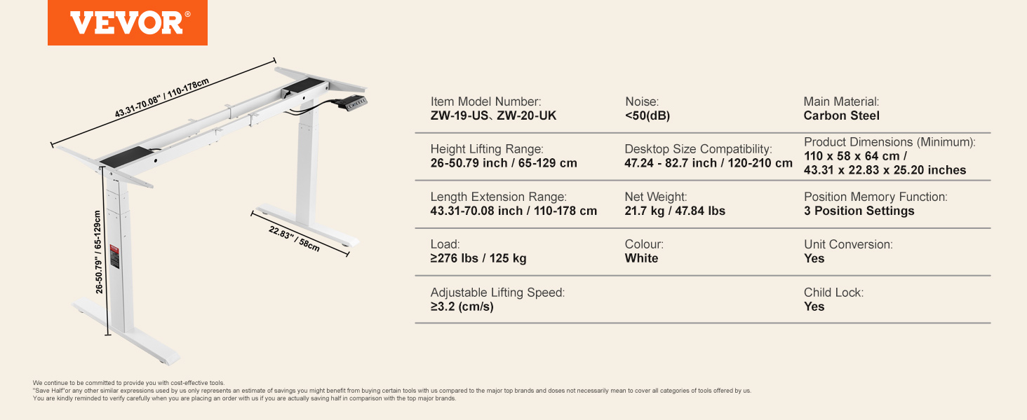 VEVOR standing desk frame with adjustable height, white color, carbon steel, supports up to 125 kg.