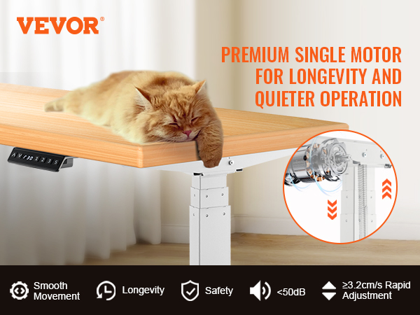 VEVOR standing desk frame with premium single motor, comfortable orange cat, and quiet operation features.