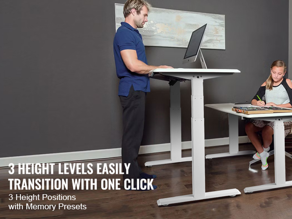 VEVOR standing desk frame showcasing three height levels with memory presets in a modern home office.