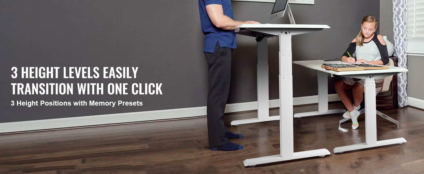 VEVOR standing desk frame showcasing three height levels with memory presets in a modern home office.