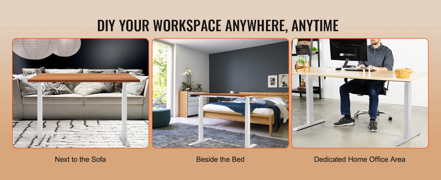 diy your workspace with VEVOR standing desk frame next to the sofa, bed, or in home office area.