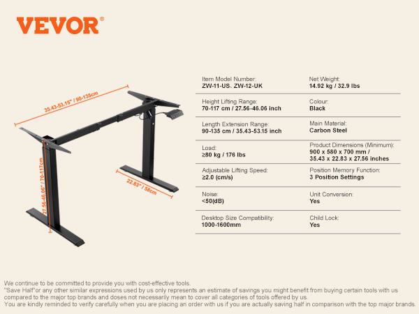 VEVOR standing desk frame with adjustable height, carbon steel, black, extension range 90-135 cm.