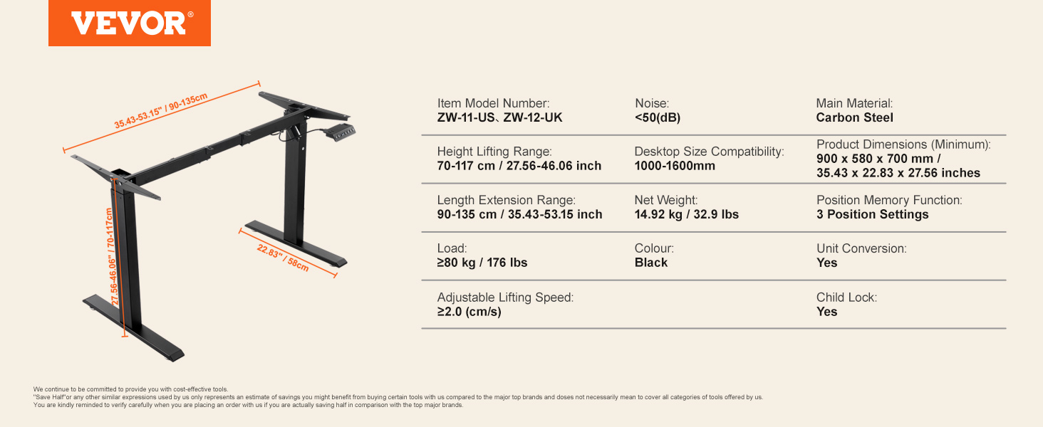 VEVOR standing desk frame with adjustable height, carbon steel, black, extension range 90-135 cm.