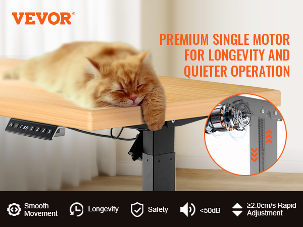 VEVOR standing desk frame with a sleeping cat, control panel, and motor features for quiet operation.