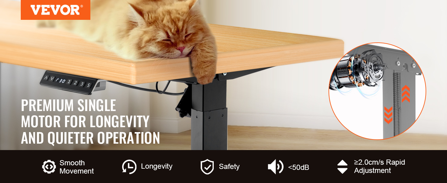 VEVOR standing desk frame with a sleeping cat, control panel, and motor features for quiet operation.