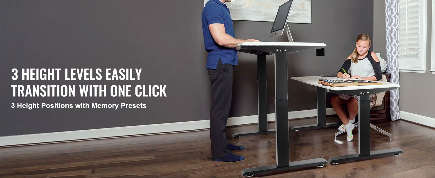 VEVOR standing desk frame with three height positions and memory presets, man standing, child seated.