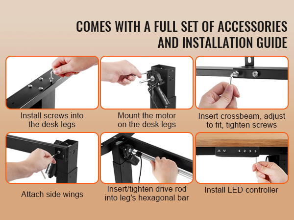 VEVOR standing desk frame assembly steps: install screws, mount motor, attach wings, insert drive rod, install led.