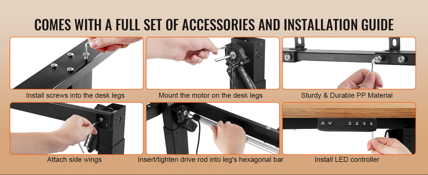 VEVOR standing desk frame assembly steps: install screws, mount motor, attach wings, insert drive rod, install led.