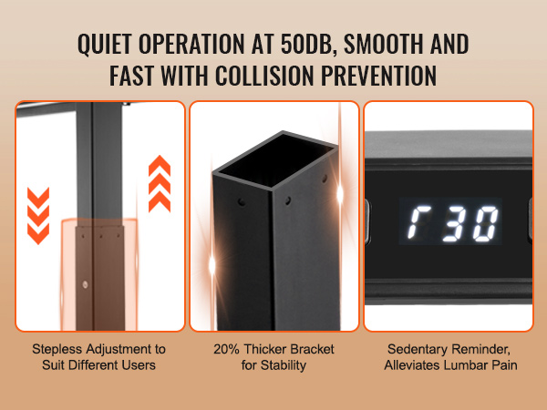VEVOR standing desk frame with quiet operation, collision prevention, stepless adjustment, and sedentary reminder.