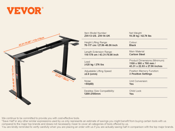 VEVOR standing desk frame with adjustable height, carbon steel, 3 position settings, max load 276 lbs.
