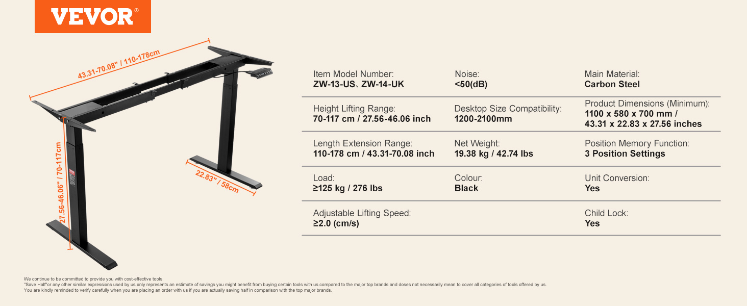 VEVOR standing desk frame with adjustable height, carbon steel, 3 position settings, max load 276 lbs.