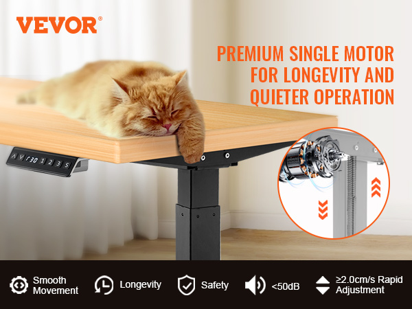 VEVOR standing desk frame with wooden top, single motor, control panel, and a sleeping cat.