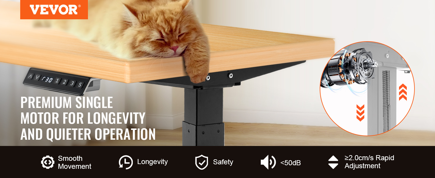 VEVOR standing desk frame with wooden top, single motor, control panel, and a sleeping cat.