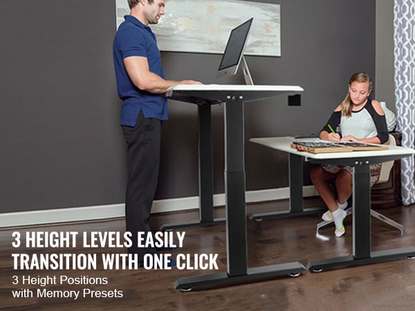 VEVOR standing desk frame with 3 height levels, one-touch transition and memory presets.