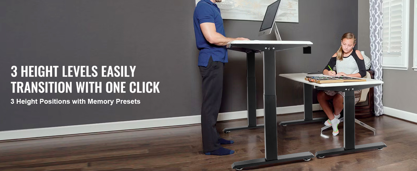 VEVOR standing desk frame with 3 height levels, one-touch transition and memory presets.