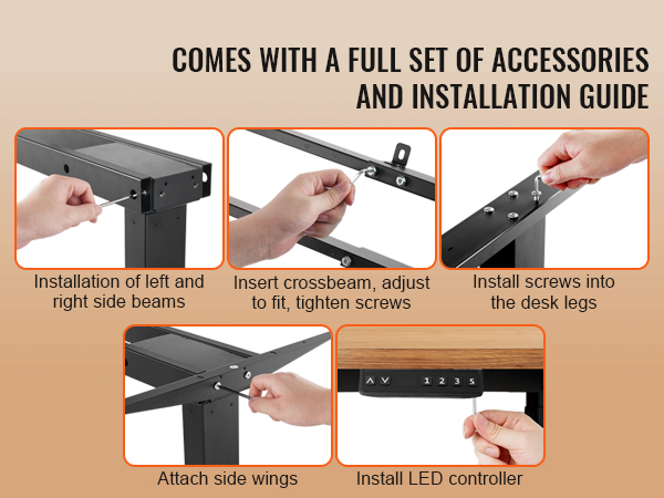 VEVOR standing desk frame assembly steps with instructions: beam installation, crossbeam fit, screws, led controller.