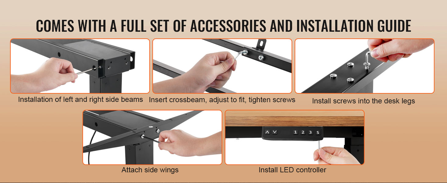 VEVOR standing desk frame assembly steps with instructions: beam installation, crossbeam fit, screws, led controller.