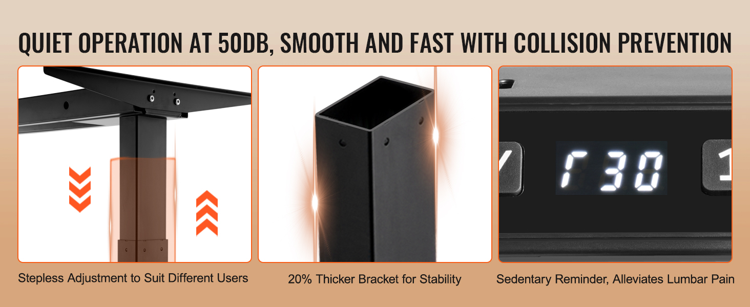 VEVOR standing desk frame with quiet operation, stepless adjustment, thicker bracket, and sedentary reminder.