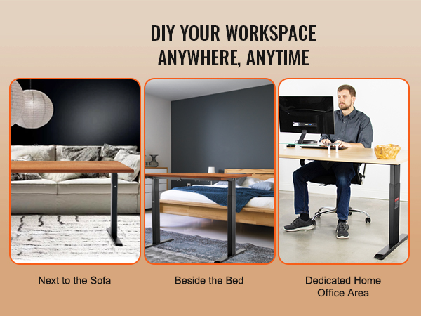 VEVOR adjustable desks in living room, beside bed, and home office setup.