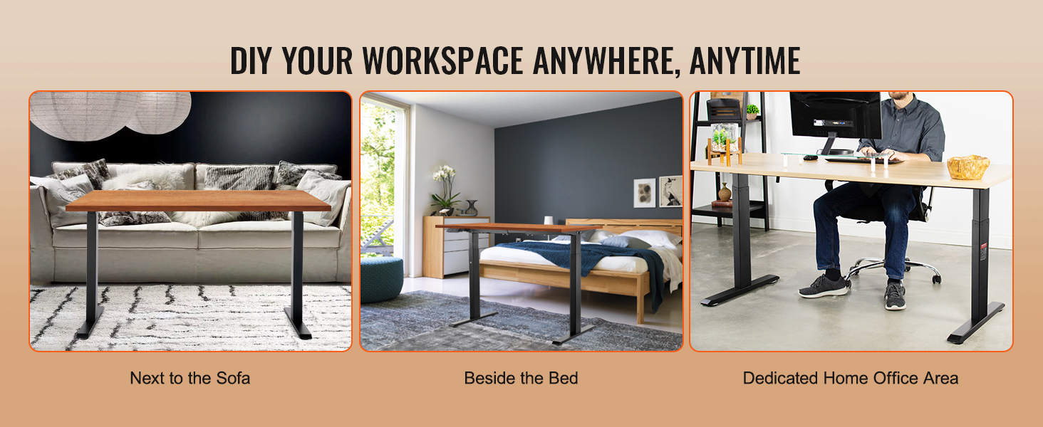 VEVOR adjustable desks in living room, beside bed, and home office setup.
