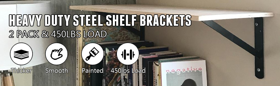 VEVOR heavy duty shelf brackets holding a wooden shelf with books and decorations.