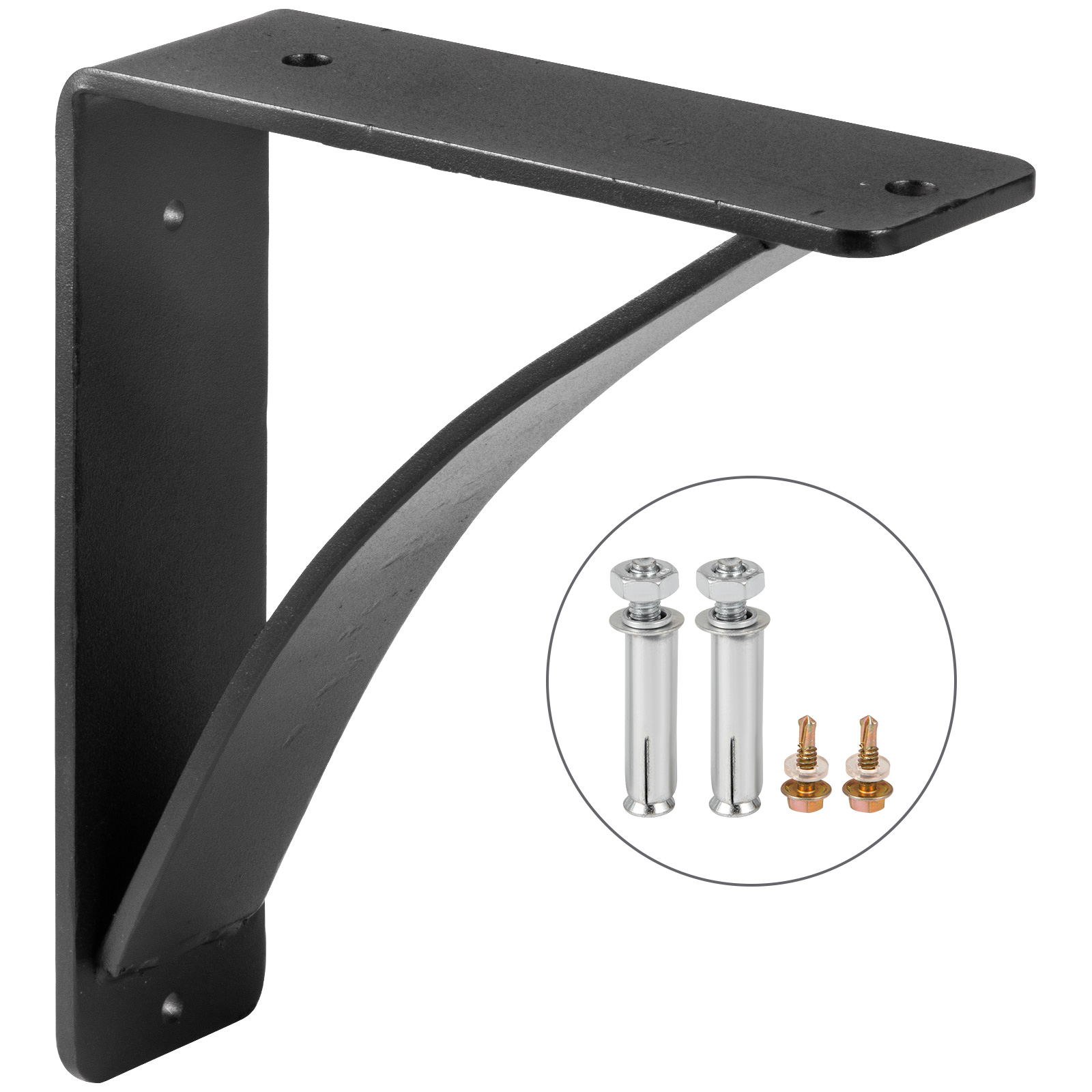 black VEVOR heavy duty shelf bracket with fasteners in a circular inset.