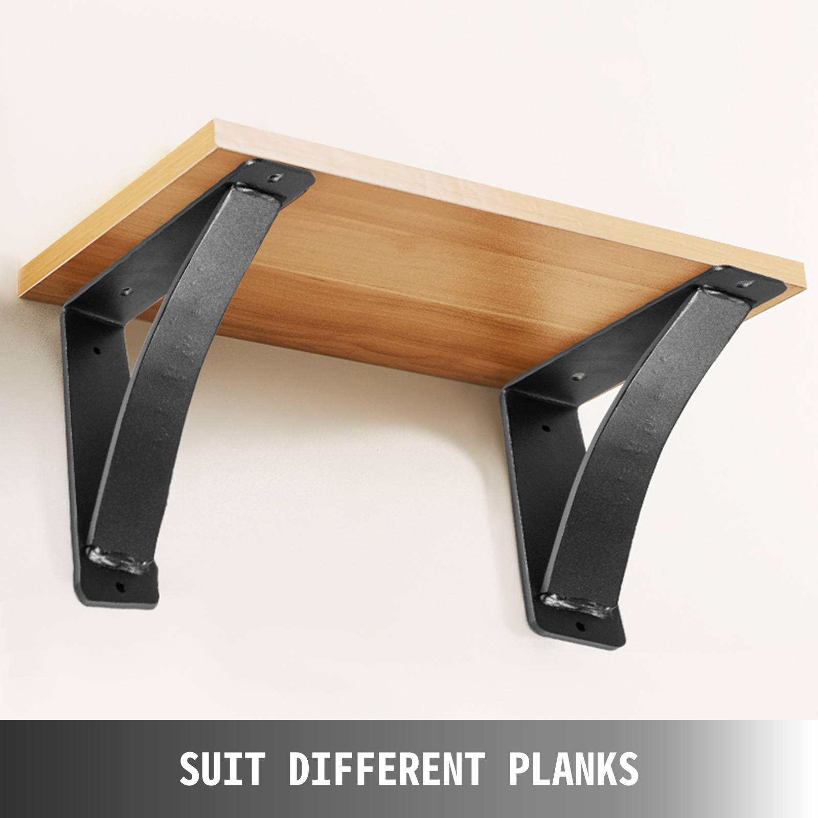 VEVOR heavy duty shelf brackets supporting a wooden plank, suitable for various planks.