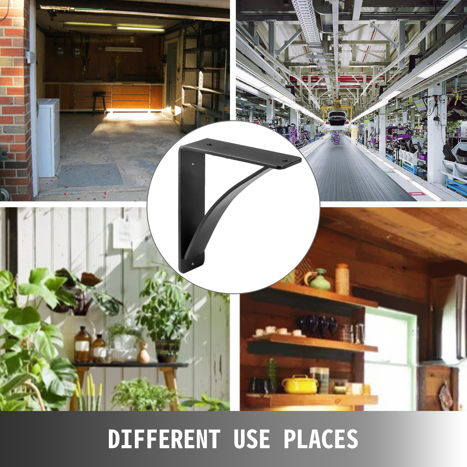 VEVOR heavy duty shelf brackets displayed in various settings: garage, factory, garden, kitchen.