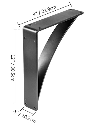 VEVOR heavy duty shelf brackets with dimensions: 12"x9"x4" (30.5cm x 22.9cm x 10.2cm).