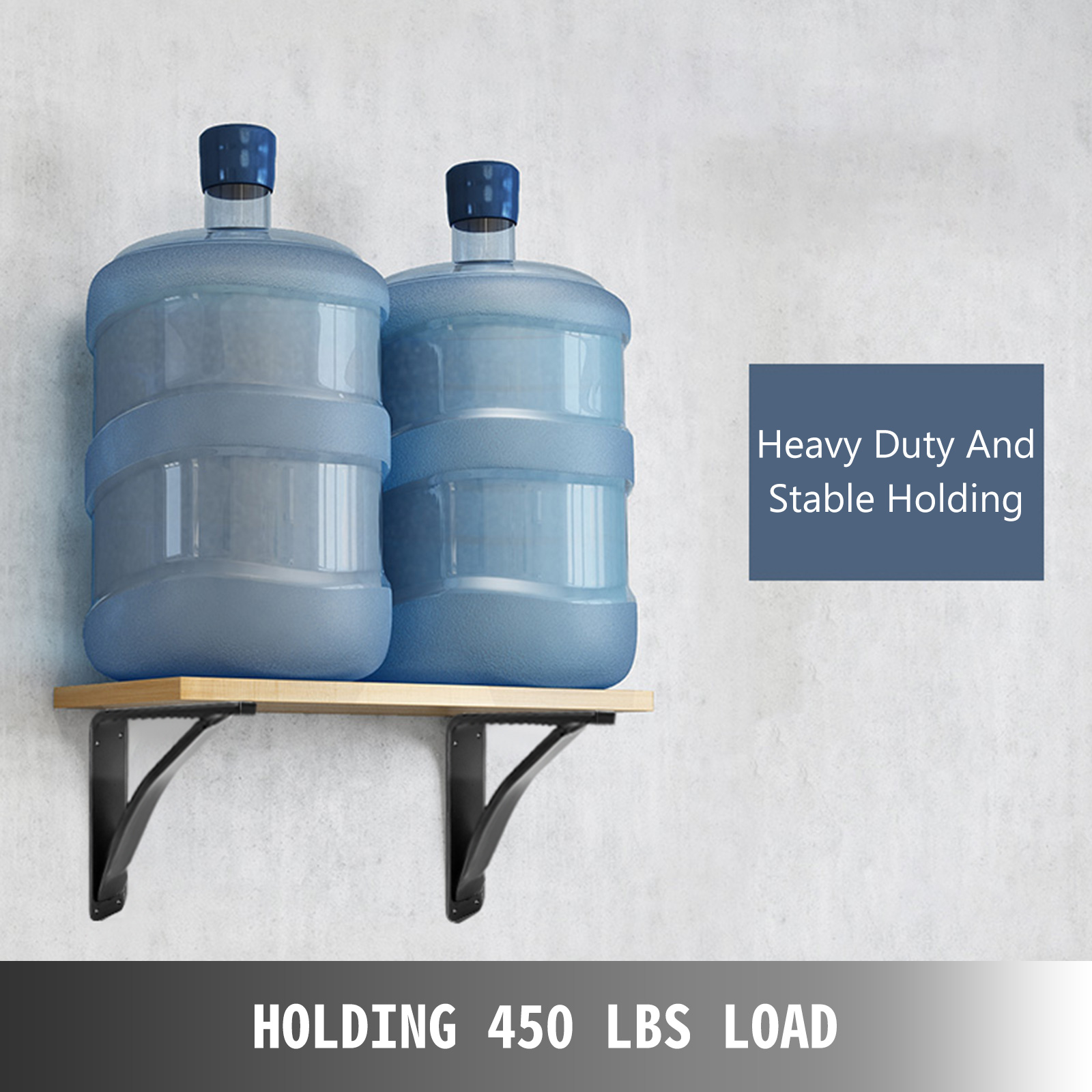 VEVOR heavy duty shelf brackets holding large water containers, supporting 450 lbs load.