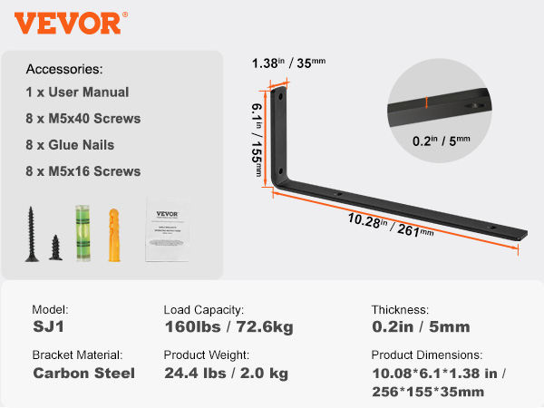 VEVOR shelf bracket dimensions, load capacity, and included accessories detailed on product info chart.