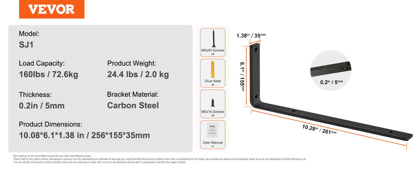 VEVOR shelf bracket dimensions, load capacity, and included accessories detailed on product info chart.