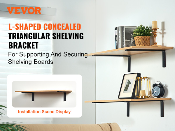 VEVOR shelf bracket supporting wooden shelves with decor, books, and plants in a modern living space.
