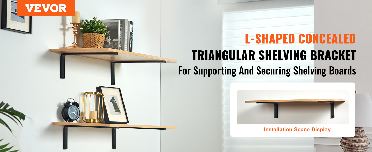 VEVOR shelf bracket supporting wooden shelves with decor, books, and plants in a modern living space.