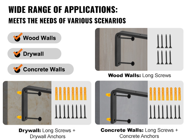 wide range of uses for VEVOR shelf bracket on wood, drywall, and concrete walls with screws and anchors.
