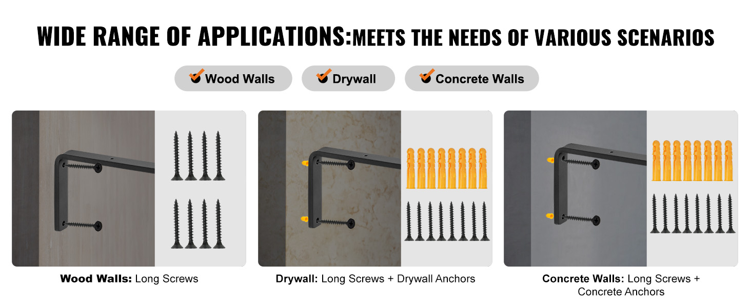 wide range of uses for VEVOR shelf bracket on wood, drywall, and concrete walls with screws and anchors.