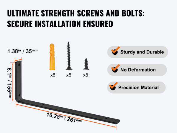 ultimate strength VEVOR shelf bracket with screws, bolts, and precise measurements for sturdy installation.