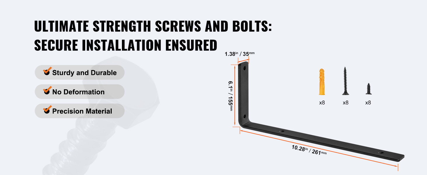 ultimate strength VEVOR shelf bracket with screws, bolts, and precise measurements for sturdy installation.