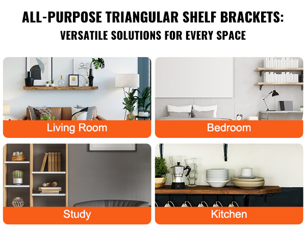 all-purpose VEVOR shelf brackets in study, living room, bedroom, kitchen; versatile solutions.