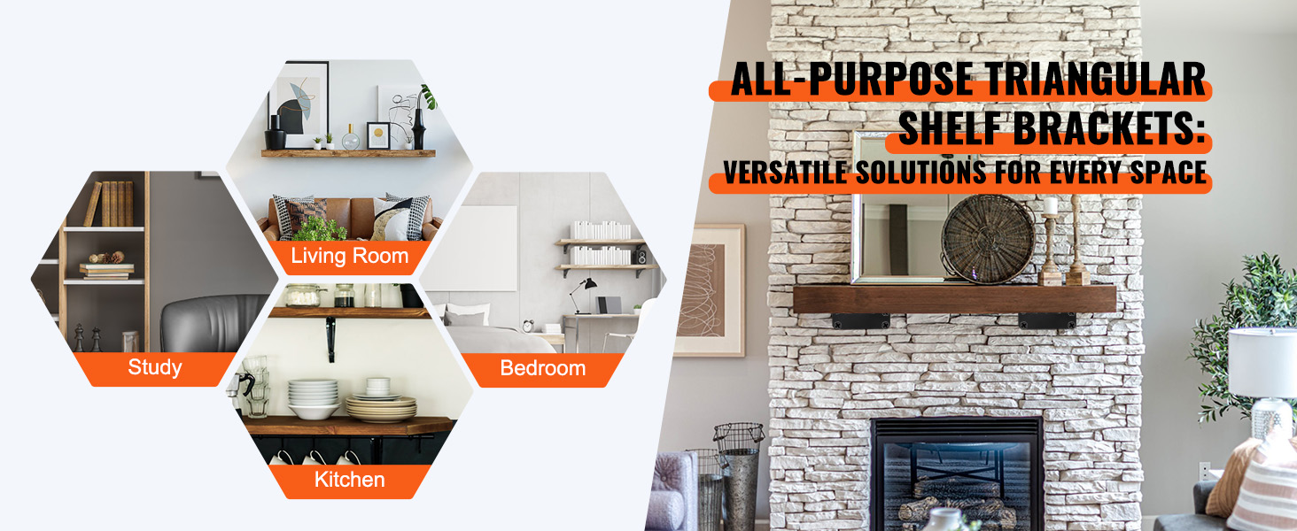 all-purpose VEVOR shelf brackets in study, living room, bedroom, kitchen; versatile solutions.