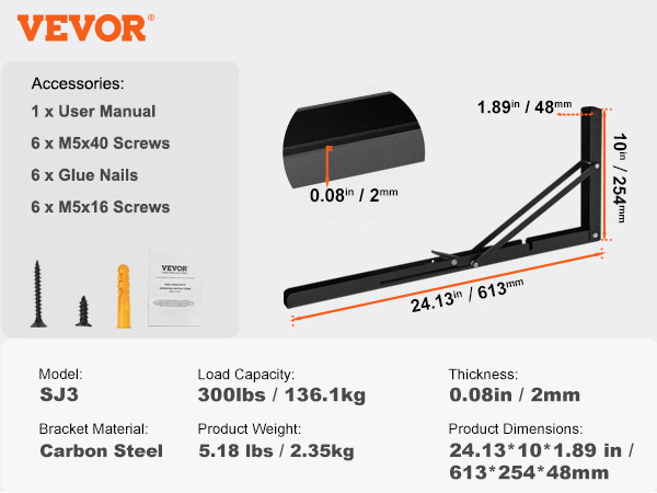 VEVOR shelf bracket foldable, model sj3, carbon steel, 300lb capacity, 24.13x10x1.89 inches.