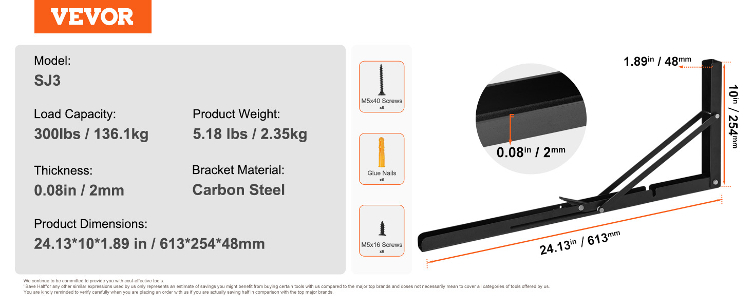 VEVOR shelf bracket foldable, model sj3, carbon steel, 300lb capacity, 24.13x10x1.89 inches.