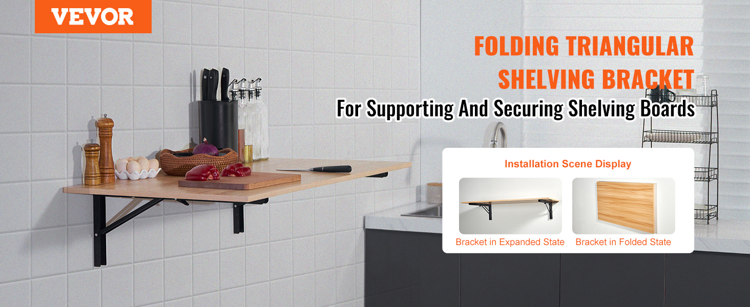 VEVOR shelf bracket foldable installed in a kitchen, holding a cutting board and kitchen items.