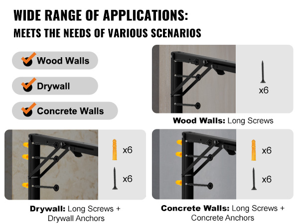 VEVOR shelf bracket foldable installation guide for wood, drywall, and concrete walls, with screws.