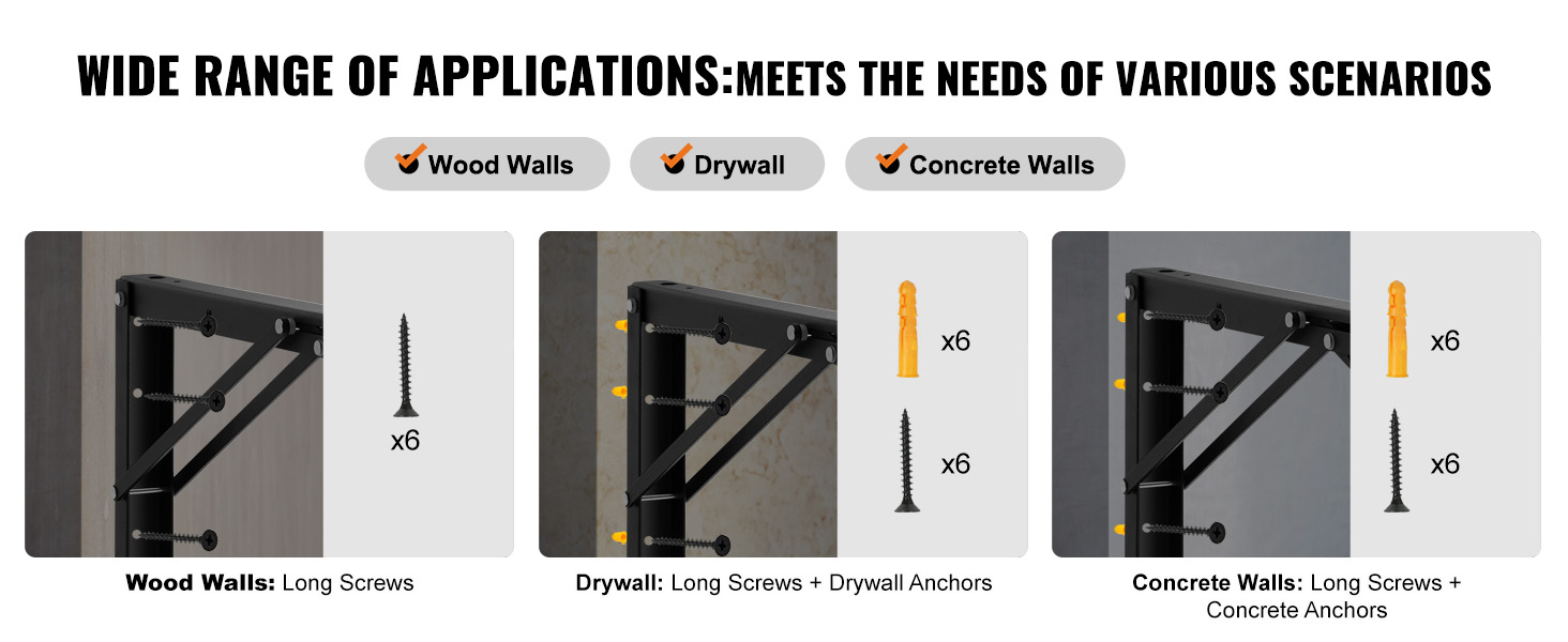 VEVOR shelf bracket foldable installation guide for wood, drywall, and concrete walls, with screws.