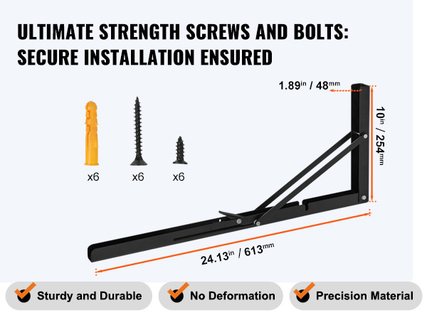 VEVOR shelf bracket foldable with screws, brackets, and installation dimensions for sturdy support.